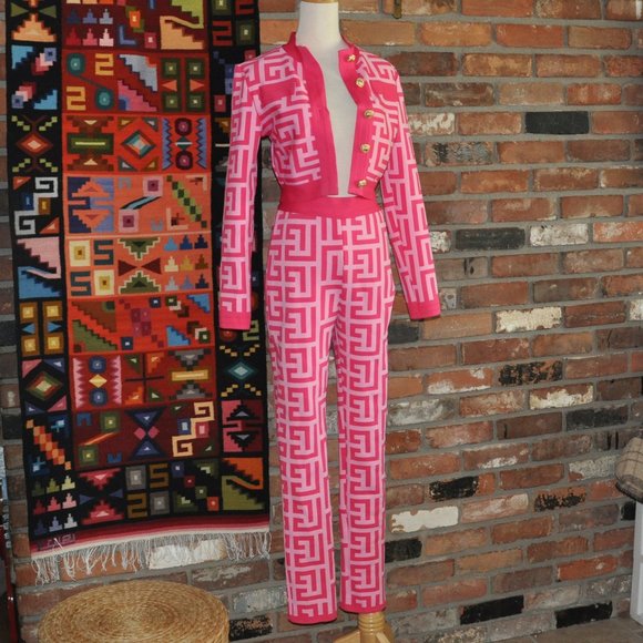 2 Pc Pink Barbiecore Bodycon Stretch High Waisted Pant Suit Cropped Jacket M-L - Picture 7 of 11